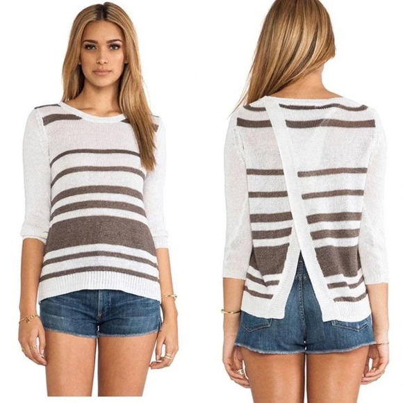 360 Sweater Jagger Sweater Stripe Crossback Knit Linen White Brown Size Medium - Picture 1 of 11